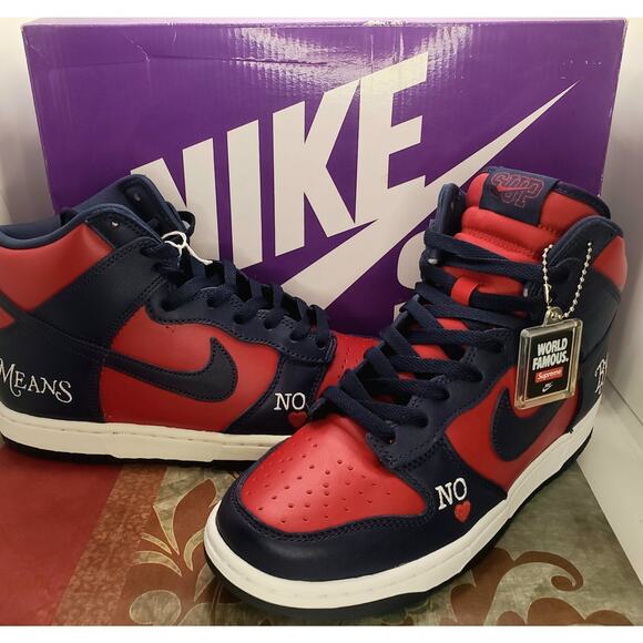 Nike Supreme x Dunk SB High By Any Means Red Navy Mens 7 / Womens 8.5 - Picture 1 of 14